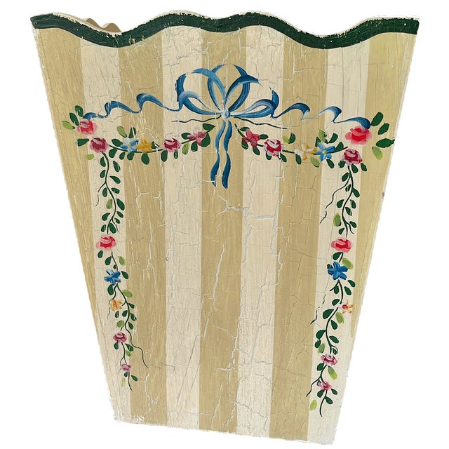 2000 - 2009 Hand-Painted Wooden Wasetbasket With Romantic Floral Swags, Bows and Stripes by Jane Keltner For Sale - Image 5 of 11
