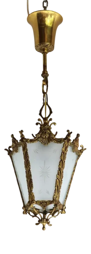 Small French Cast Brass Lantern with Etched Starburst Glass Panels, 1900s