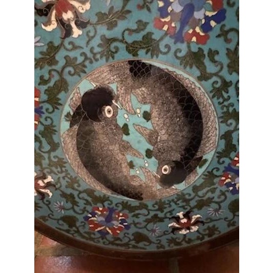 Chinese Antique Chinese Cloisonne Top Round Jardiniere Stand Two Fish Motif For Sale - Image 3 of 12