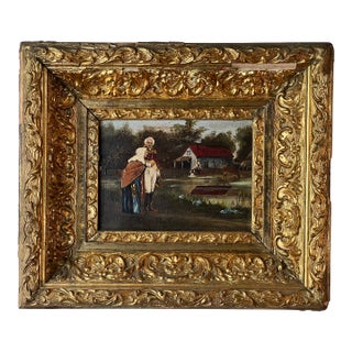 Antique Oil on Canvas Small Format Painting of Military Officer Escorting an Old Woman C. 19th Century For Sale