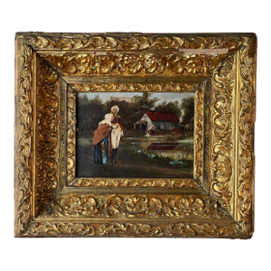 Antique Oil on Canvas Small Format Painting of Military Officer Escorting an Old Woman C. 19th Century