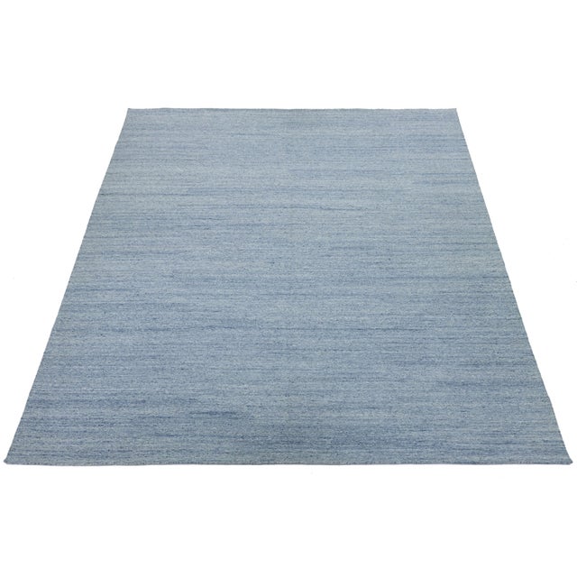 Scandinavian Style Solid Blue Flat Weave Rug - Minimalist & Reversible Design For Sale In New York - Image 6 of 11
