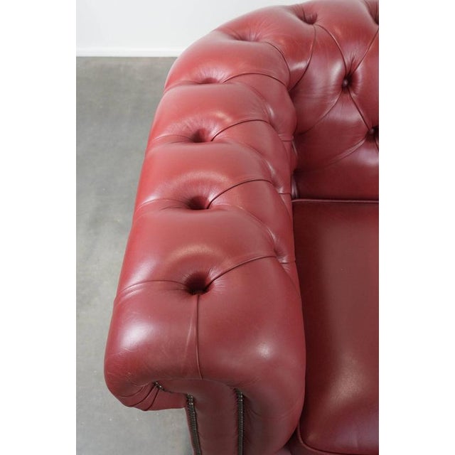 Red English Chesterfield 2.5 Seater Sofa and Chair in Cowhide Leather, Set of 2 For Sale - Image 8 of 18
