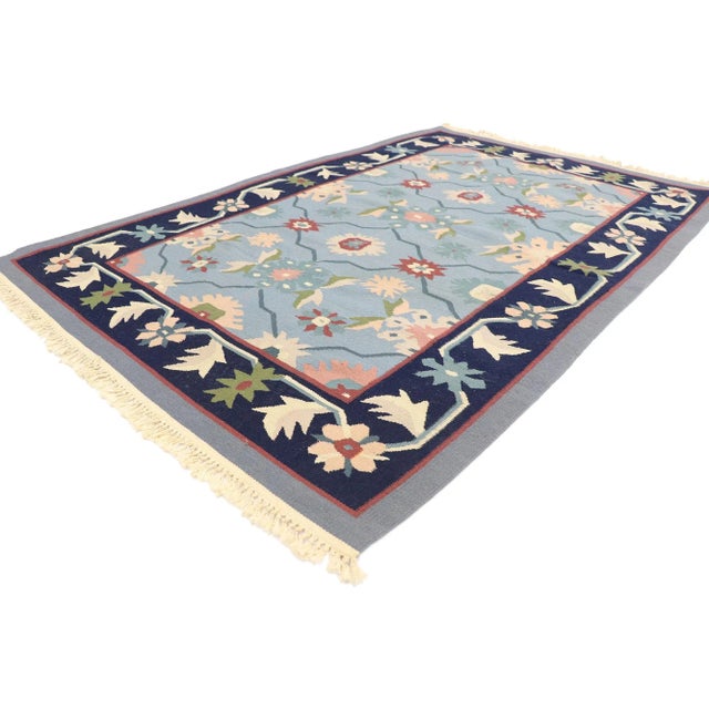 Vintage Romanian Floral Kilim Rug with Folk Art Cottage Style 03'11 x 05'11. Delicately feminine and beautifully...