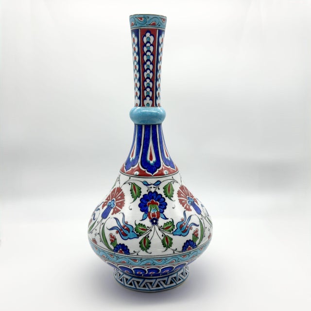 Handmade Ceramic Tall Vase (45cm) Elegant “Ringed Neck” Design with Red Tulip & Blue Floral Pattern – Grand Console Decor For Sale - Image 6 of 7