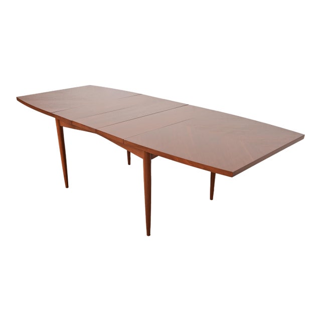 Gio Ponti Style Mid-Century Modern Walnut Boat-Shaped Extension Dining Table, Newly Refinished For Sale