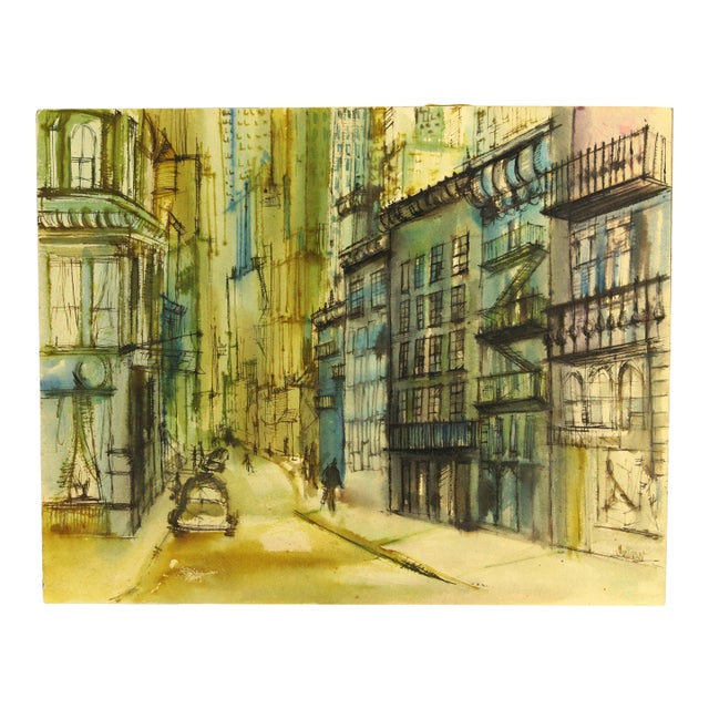 Vintage American School Modernist Urbanist Watercolor Street Scene Painting, Signed Sullivan For Sale