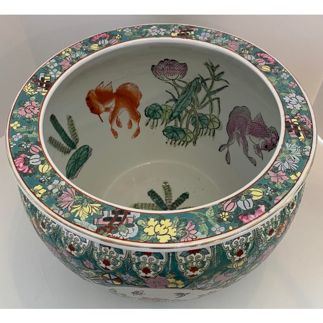 Green Chinese Famille Verte Style Porcelain Fish Bowl Jardinière Phoenix & Lotus, 20th For Sale - Image 8 of 18