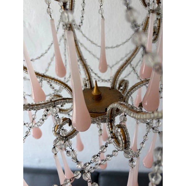 Pink French Pink Opaline Murano Drops Rock Crystal Swags Chandelier, Circa 1920French Pink Opaline Murano Drops Rock Crystal Swags Chandelier, Circa 1920 For Sale - Image 8 of 13