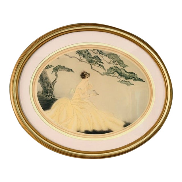 Vintage “The Song Bird” by Czerwinski, Art Deco Woman & Bird, Oval Gilt Frame For Sale