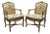 Vintage French Country Louis XV Style Upholstered Cane Lounge Arm Chairs - Pair For Sale