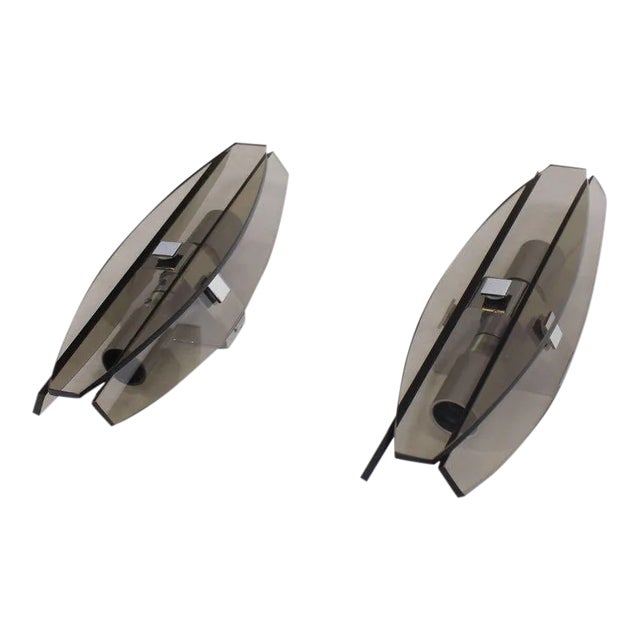 Chrome Mid-Century Modern Italian Smoked Glass Sconces by Veca - a Pair For Sale - Image 8 of 8