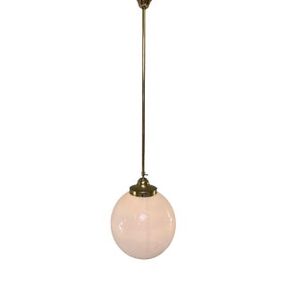 Very Large Art Deco Height Adjustable Pendant Lamp with Opaline Glass and Brass Framework For Sale