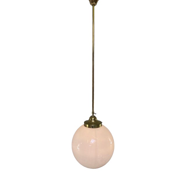 Very Large Art Deco Height Adjustable Pendant Lamp with Opaline Glass and Brass Framework For Sale