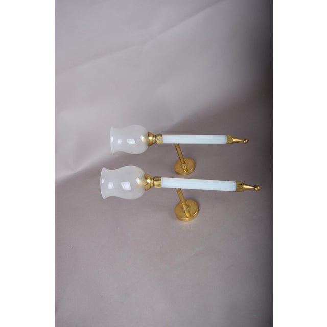 French Blue Opaline Glass and Brass Torch Wall Sconces with Glass Shades, 1950s, Set of 2 For Sale - Image 13 of 15