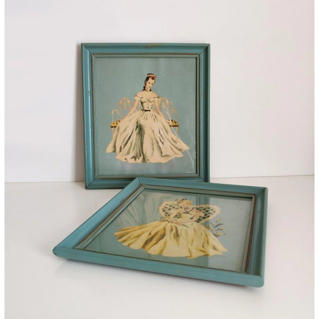 1950s 1950s Vintage Fashion Prints by Turner in Teal Blue Frames - Set of 2 For Sale - Image 5 of 8