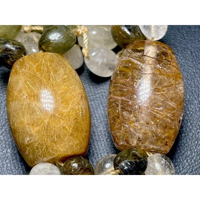 Gemstone Necklace Four Strand, Contrasting Rutile Quarts and Labradorite With Large Barrel Beads of Golden Rutile Quartz and Stone Clasp. For Sale In South Bend - Image 6 of 8