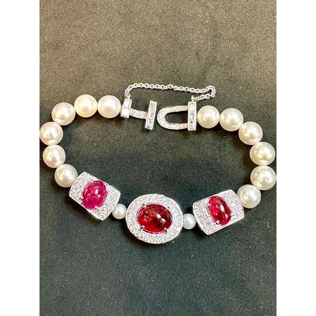 GIA Certified Burma No Heat Natural Spinel & Diamond & Pearl Bracelet, 18KWG For Sale - Image 4 of 18