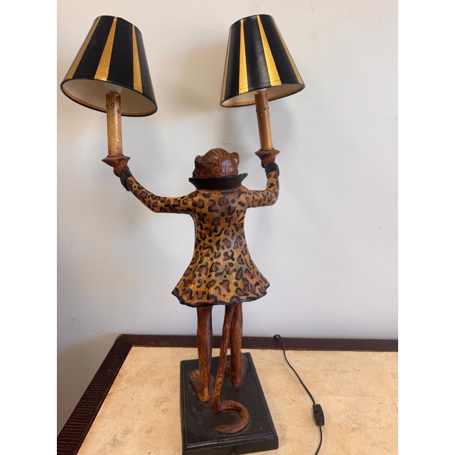 Late 20th Century Bill Huebbe Signed Monkey Double-Arm Table Lamp With Leopard Coat For Sale - Image 10 of 11