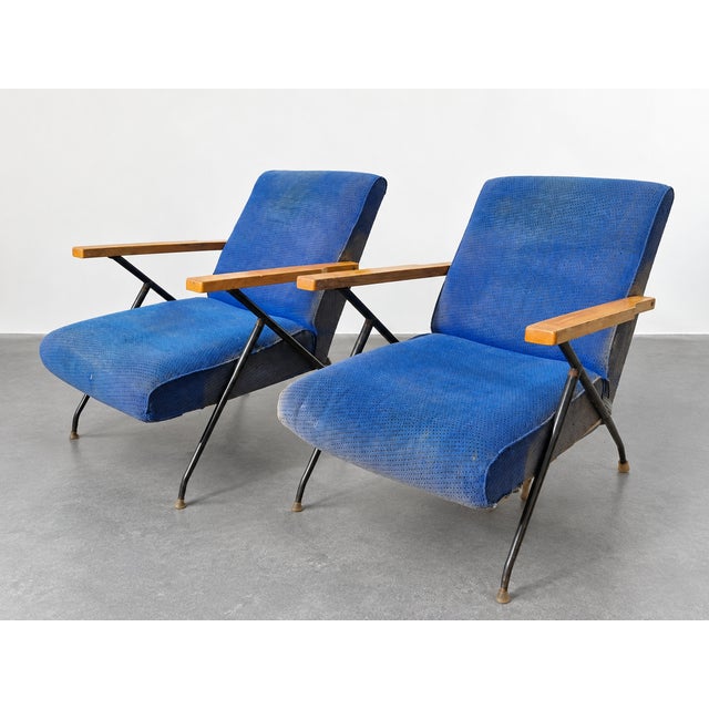 Mid-Century Modern Blue Fabric Armchairs. 1950s, Set of 2 For Sale - Image 6 of 7