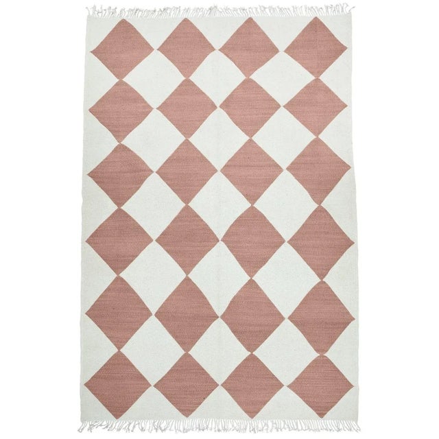 Wood Redwood & Natural White Diamond Checker Zanafi Flatweave Moroccan Wool Rug 9x12 For Sale - Image 7 of 7