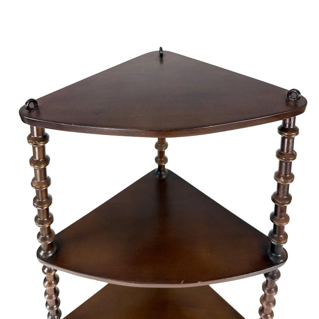 Wood Antique 1900s Victorian 5-Tier Wooden Spool Corner Shelf W/ Eye-Screw Hooks for Hanging - 46" H Folk Art Handmade Curio Shelving Display For Sale - Image 7 of 10