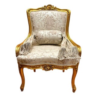 French Louis XV Armchair – Cream Floral Damask Upholstery, Gold Leaf Frame & Accent Cushion For Sale
