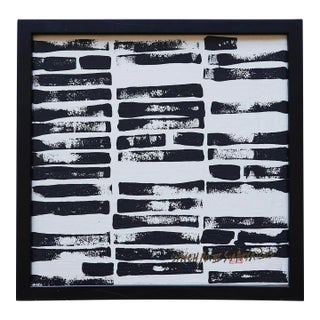Synchro. III Black Framed Abstract Minimal Tan and Black Canvas Painting For Sale
