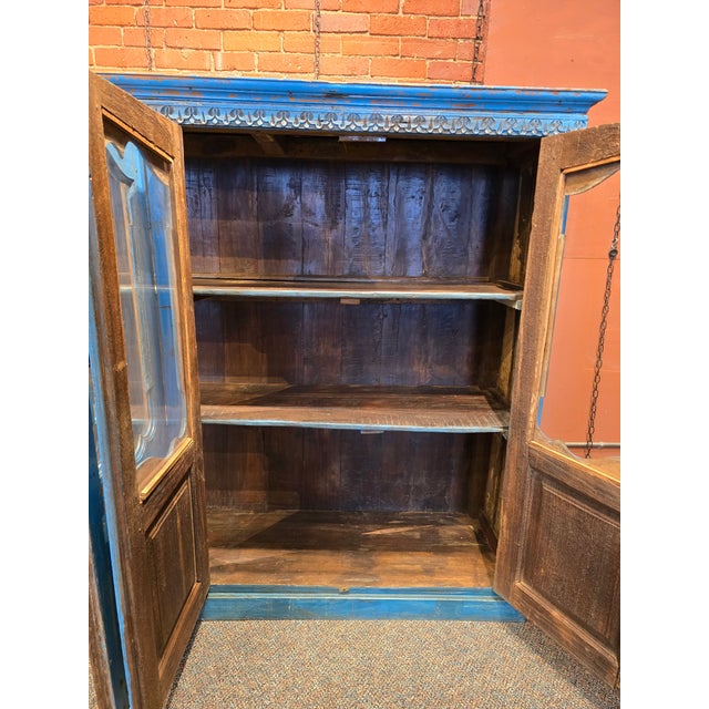 Farmhouse 1980s Rustic Hand Carved Blue Four Door Sideboard For Sale - Image 3 of 7
