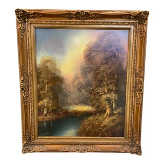 Vintage Signed Romantic Landscape Oil Painting in Ornate Gilt Frame For Sale