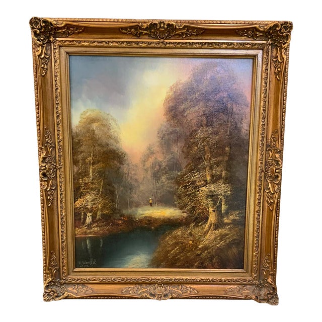 Vintage Signed Romantic Landscape Oil Painting in Ornate Gilt Frame For Sale