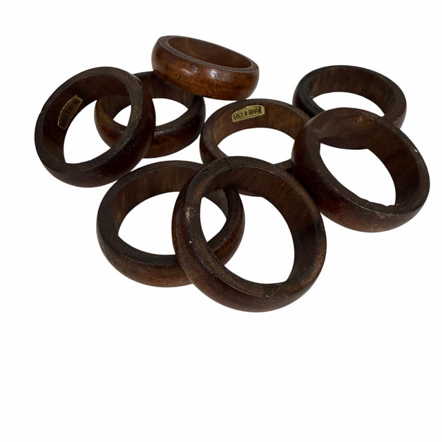 Set of 8 vintage mid century modern thin band wood napkin rings in medium brown color. Understated, minimalist goes with...