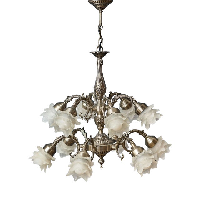 White Brass 12-Arm Chandelier with Rose-Shaped Glass Shades For Sale