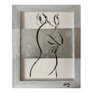 "Black Line Figure #2 with Silver Leaf" Contemporary Minimalist Figurative Painting by Gretchen Kelly, Framed