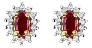 Oval Ruby & Diamond Halo Studs 14k Yellow Gold, 2 Pieces