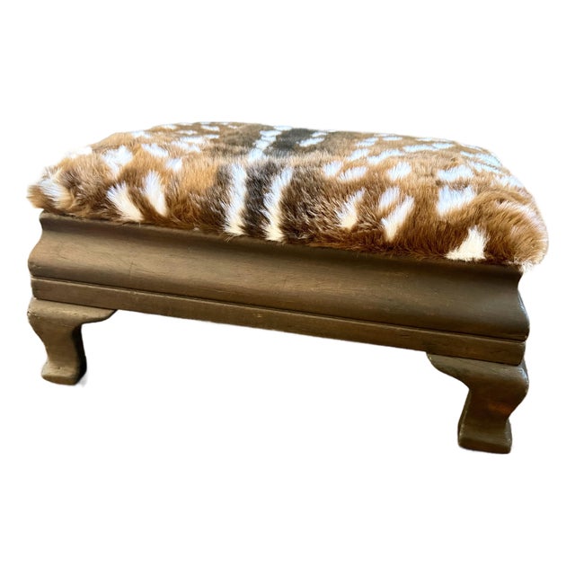 Mid 19th Century Faux Deer Hide Antique Footstool | Lodge Look | Cabin Decor Faux Fur Foot Rest | Farmhouse Stool Wood Legs For Sale