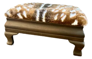 Mid 19th Century Faux Deer Hide Antique Footstool | Lodge Look | Cabin Decor Faux Fur Foot Rest | Farmhouse Stool Wood Legs