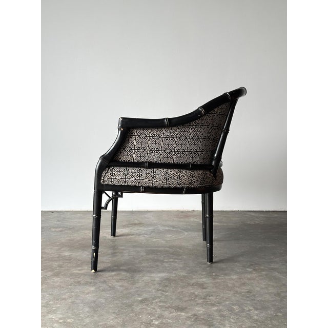 Wood Vintage Black Lacquered Faux Bamboo Barrel-Back Armchair For Sale - Image 7 of 18