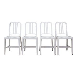 Late 20th Century Set of Four 4 Emeco 1006 Navy Chair White Aluminum Metal Side Dining Mid-Century Modern For Sale
