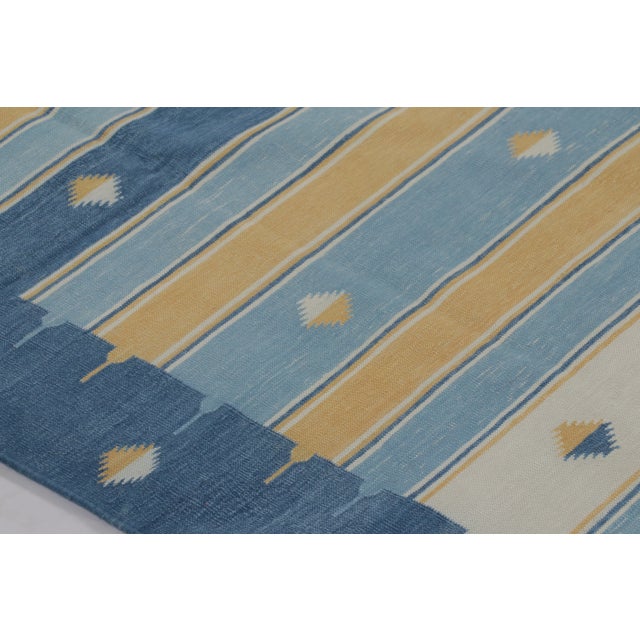 Modern Rug & Kilim’s Indian Dhurrie Rug in Blue, Gold and Ivory Geometric Stripes For Sale - Image 3 of 9