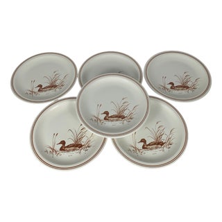 Vintage Flat Plate Set with Duck Pattern & Red-Brown Trim from Churchill England, 1990s, Set of 6 For Sale