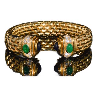 Vintage Fope Flex’it Natural 5.20ct Diamond Sapphire Emerald 18k Gold Open Cuff Bracelet For Sale