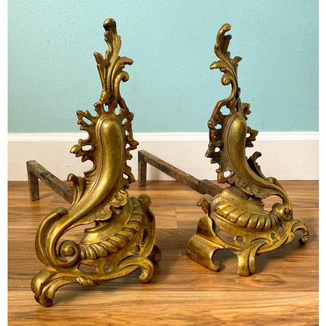 19th C. French Rococo Brass Andirons – A Pair – Gilded Age / European Antique For Sale - Image 12 of 12