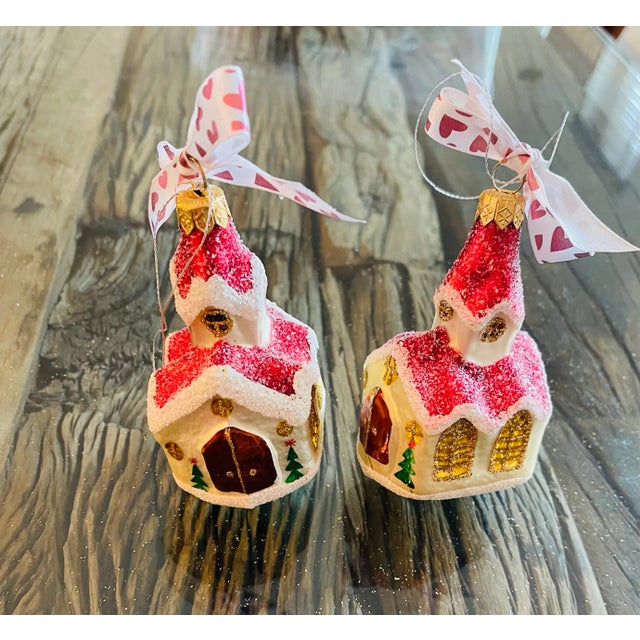 Christmas Church - Vintage European Traditional Glass ornament , 4”, hand blown and painted., lots of glitter.