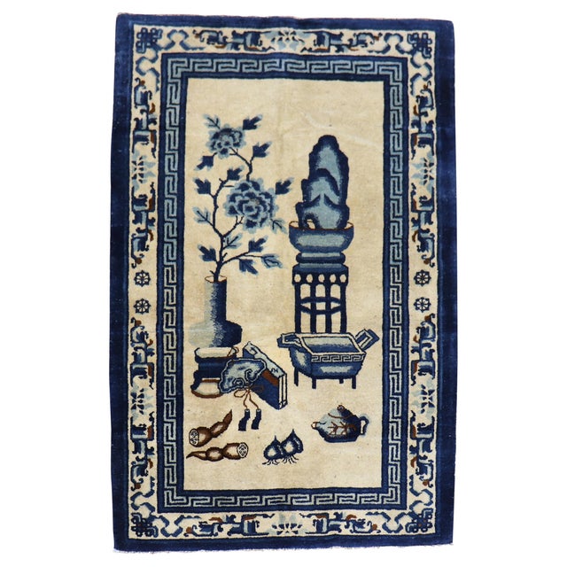 Early 20th Century Tan Blue Color Early 20th Century Antique Chinese Oriental Rug For Sale - Image 5 of 18