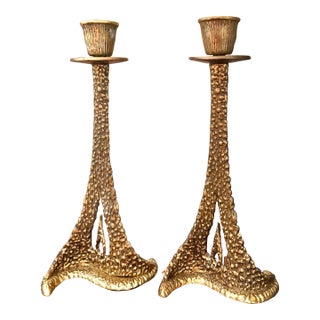 Mid 20th Century Brutalist Brass Candleholders- a Pair For Sale