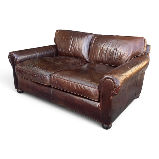 Restoration Hardware Brown Leather Two-Cushion Sofa With Rolled Arms and Bun Feet For Sale In Los Angeles - Image 6 of 14