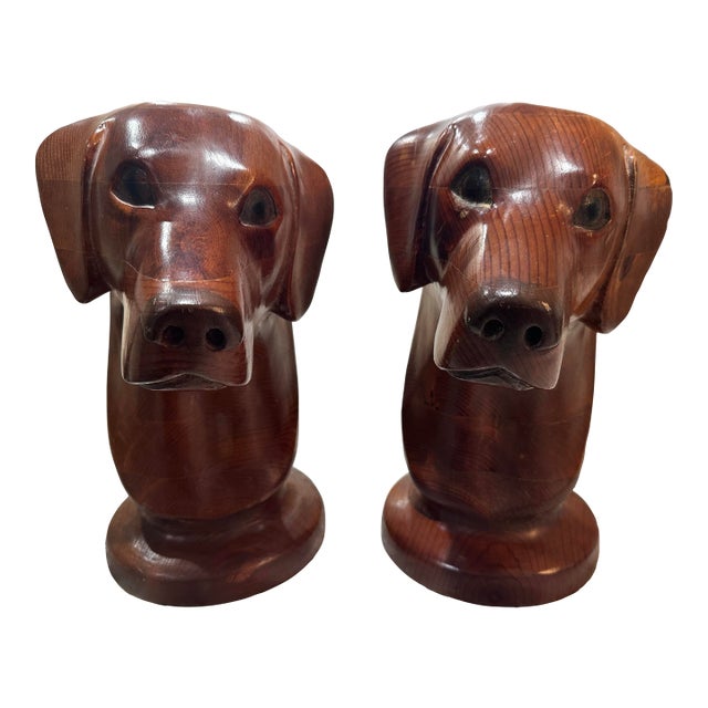 Large Wood Carved Bird Hunting Dog Labrador Retriever Signed Greg Jordan 1984 Bookends Sculpture For Sale