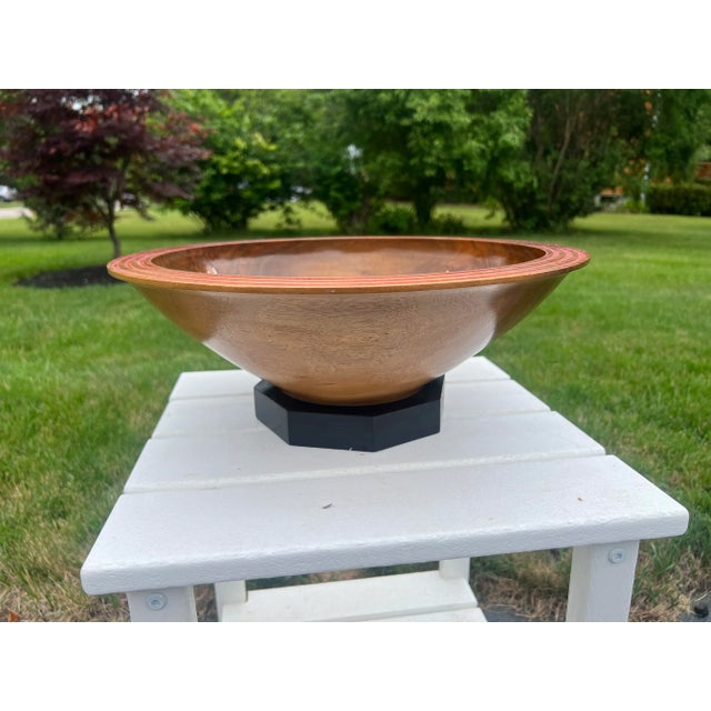 Large Modernist Artisan Made Inlaid Walnut Centerpiece Bowl on Stand - Signed This walnut centerpiece bowl is artisan made...