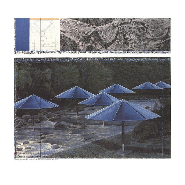 Artist: Javacheff Christo Title: The Blue Umbrellas Year: 1995 Signed: No Medium: Offset Lithograph Paper Size: 20 x 18...